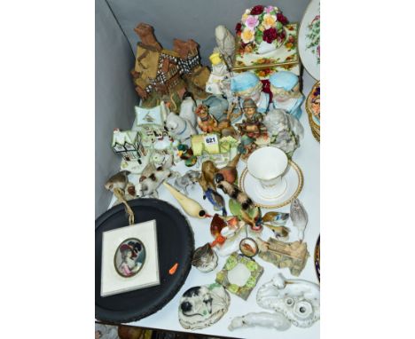 CERAMIC ANIMAL AND BIRD FIGURES, including 19th Century Staffordshire and Continental, a small hallmarked silver frame contai