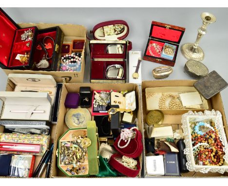 FOUR BOXES OF COSTUME JEWELLERY AND PENS, to include a Miracle brooch, aJacobite brooch, a Jewelcraft necklace, a carved bone