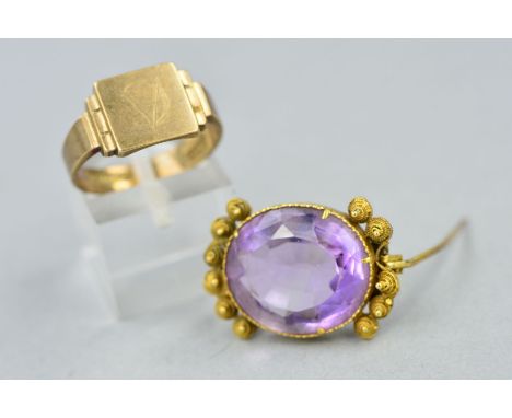 A 9CT GOLD RING AND AN EARLY 19TH CENTURY GOLD AMETHYST BROOCH, the signet ring with stepped shoulder design, hallmarked Birm