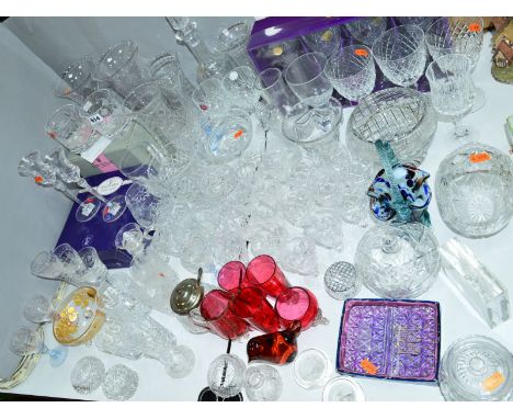 A COLLECTION OF ASSORTED COLOURED AND CLEAR GLASSWARE, including boxed Stuart and Royal Doulton, vases, Royal Brierley mallet