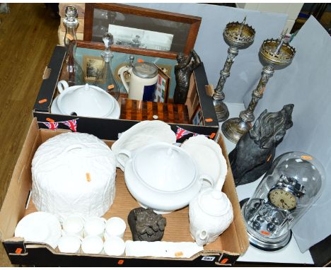 TWO BOXES AND LOOSE SUNDRY ITEMS, including Wedgwood Country ware, two glass decanters, inlaid box, framed stamps, a pair of 