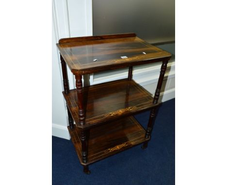 A VICTORIAN ROSEWOOD AND INLAID THREE TIER WHAT NOT, with turned uprights, on ceramic casters, approximate size width 58cm x 