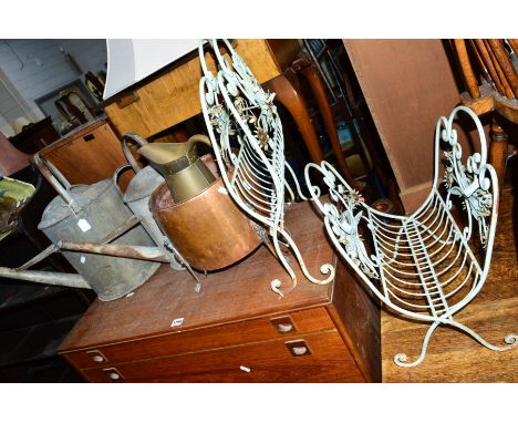 A QUANTITY OF METAL MISCELLANEOUS TO INCLUDE, two galvanised watering cans, two folding magazine racks, Victorian cast iron h