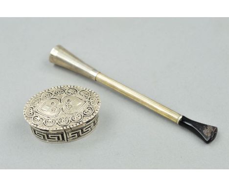 A SILVER CIGARETTE HOLDER AND A SNUFF BOX, the cigarette holder with banded detail, hallmarked Birmingham 1953, approximate l