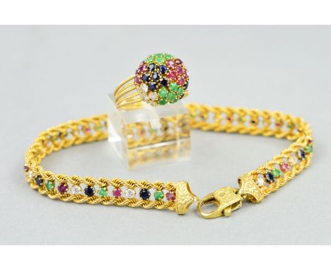 A MATCHING BRACELET AND RING, to include a modern fancy multi gemstone bracelet, to include emeralds, sapphires, rubies and c