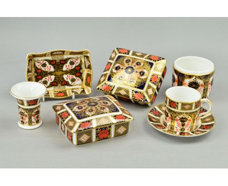 A GROUP OF ROYAL CROWN DERBY IMARI, ''1128' pattern coffee can and saucer, two rectangular covered trinket boxes (one lid cra