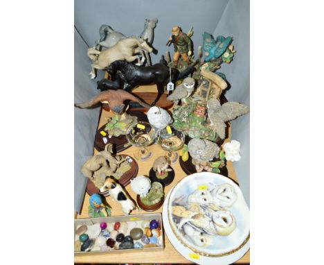 A GROUP OF ORNAMENTS, PLATES, GLASSES, etc, to include Beswick 'Black Beauty and Foal' on plinth No2536, Nao horses jumping a