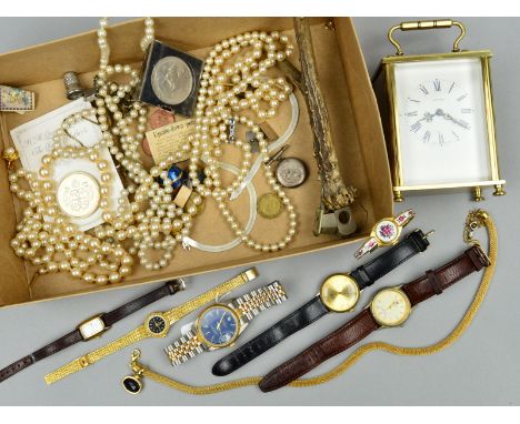 A SELECTION OF ITEMS, to include imitation pearl necklaces, a carriage clock, a pair of rectangular engine turned cufflinks, 