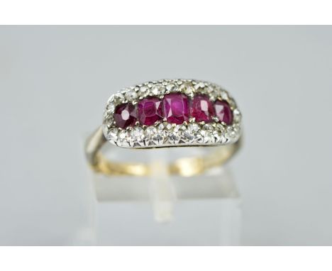 A RUBY AND DIAMOND DRESS RING, designed as a line of five rubies within a single cut diamond surround, estimated total diamon