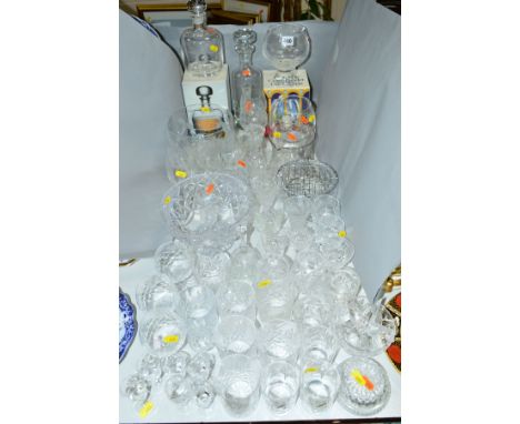 VARIOUS CUT/ETCHED GLASSWARES, to include boxed Dartington decanter, candle holder etc