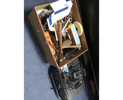 A BOX CONTAINING MISCELLANEOUS TOOLS, and a HP printer, etc