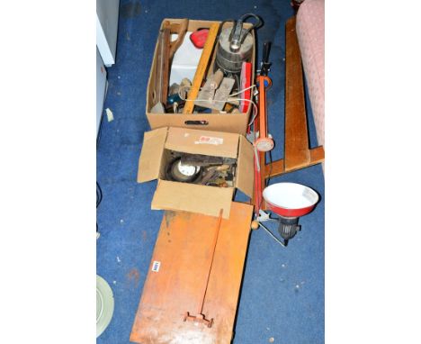 TWO BOXES AND A TOOLBOX CONTAINING HAND TOOLS, watch makers tools and an angle poise lamp etc
