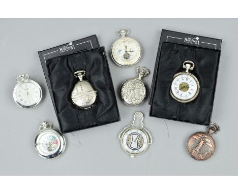 EIGHT HERITAGE COLLECTION POCKET WATCHES, to include one with a hunting scene to the reverse, one with the statute of Liberty
