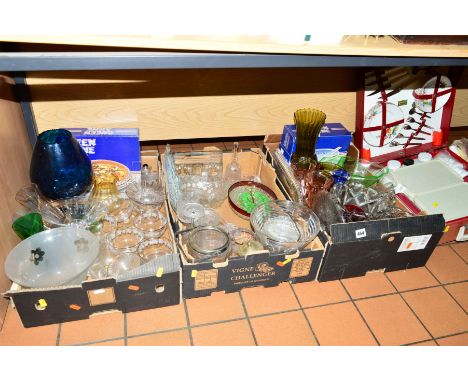 THREE BOXES OF GLASSWARES AND A BREXTON PICNIC HAMPER