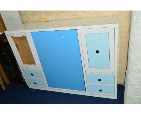 A VINTAGE PAINTED KITCHEN CABINET, with pull out table and various storage, approximate size width 132cm x depth 29cm x heigh