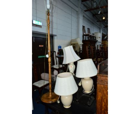 A PAIR OF CERAMIC TABLE LAMPS, with shades, another table lamp, a standard lamp, a pine overmantle mirror and an oak tea trol