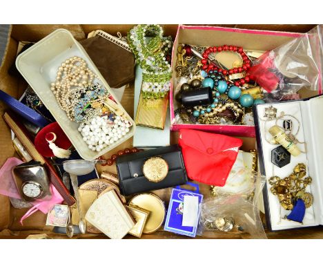 A SELECTION OF JEWELLERY, to include a marcasite eagle brooch, a German charm bracelet, a bodkin case, a Malcolm Grey double 