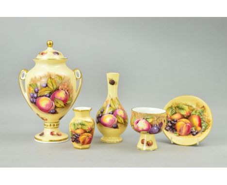 FIVE PIECES AYNSLEY 'ORCHARD GOLD', to include twin handled covered  vase, by D.Jones, approximate height 22cm, a bud vase by