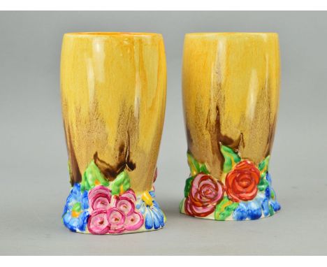 A PAIR OF CLARICE CLIFF FOR WILKINSON LTD VASES, 'My Garden' pattern, approximate height 15cm (2)
