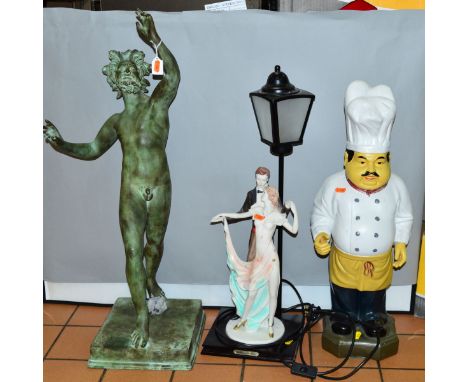 A CAST GREEK MYTHOLOGICAL NUDE FIGURE, height 81cm, a Juliana Collection novelty table lamp as a pair of dancers under a stre