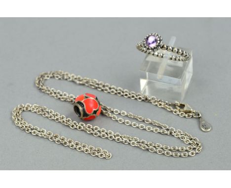 THREE PANDORA ITEMS OF JEWELLERY, to include a February birthstone ring set with a circular amethyst cabochon and beaded band