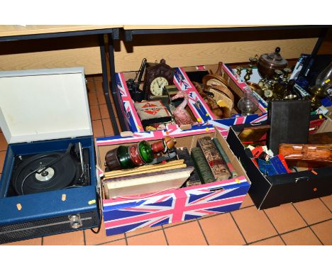 SIX BOXES AND LOOSE SUNDRY ITEMS, to include Fidelity record player, metalwares (oil lamps, copper urn and cover, brass candl