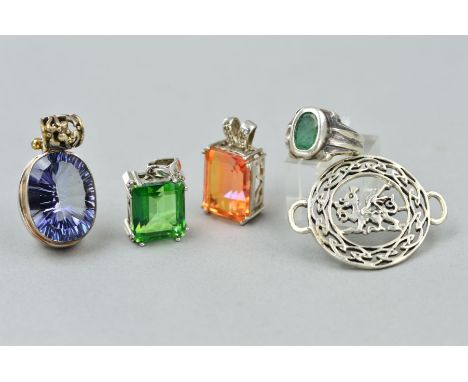 THREE GEM PENDANTS, A RING AND A PANEL, the two rectangular pendants set with coated quartz, together with an oval blue gem p