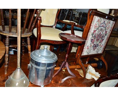 AN EDWARDIAN MAHOGANY FIRESCREEN, wall mounted candleholder, log box, wine table, etc (6)