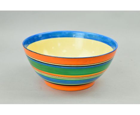 A CLARICE CLIFF FOR WILKINSON BOWL, 'Fantasque' mark and marked 'Lawleys, Regent St' to base, orange, green, blue strips, dia