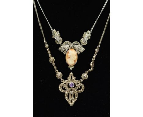 TWO MARCASITE NECKLACES, the first designed as an openwork scrolling panel with a central circular amethyst and floral design
