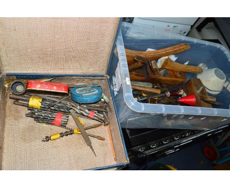 A PLASTIC BOX AND A CASE, containing carpentry tools including a wooden plane, a Yankee, mallets, square etc