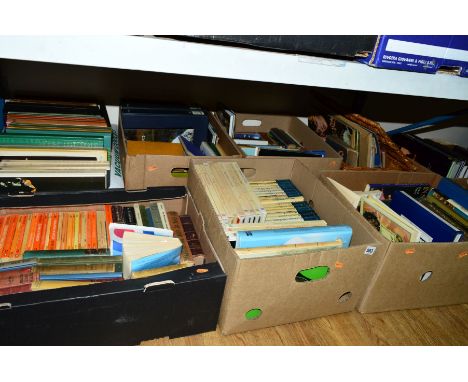 SIX BOXES AND A WICKER HAMPER OF BOOKS, including cookery, sewing and a small quantity of LPs (7)