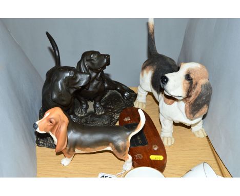 A BESWICK BASSET HOUND, 'Fochno Trinket' No 2045B, (loose from plinth), a Leonardo Basset Hound and a Mineva Fine Arts figure