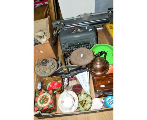 A BOX AND LOOSE METALWARES, CERAMICS, SUNDRIES, TINS, etc, including a boxed advertising reel of J & P Coates one mile of 40 