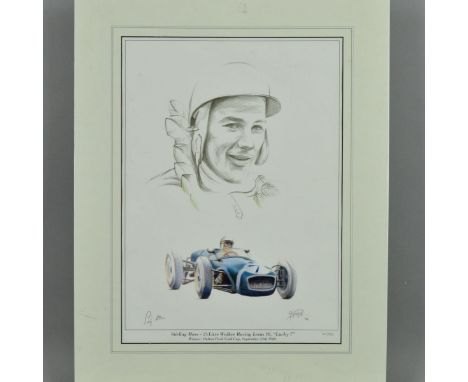 SIMON TAYLOR (BRITISH CONTEMPORARY) 'STIRLING MOSS, LOTUS 18', a limited edition print 149/850, a portrait of Stirling Moss a