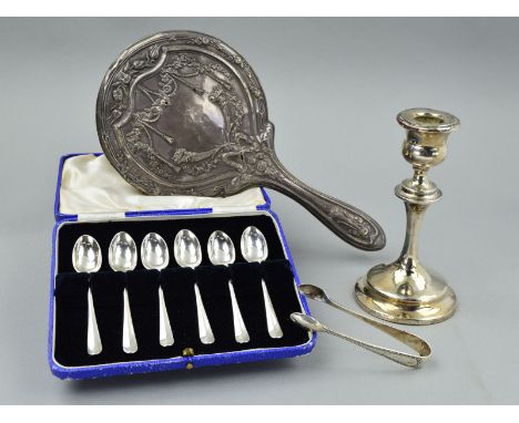 A PAIR OF GEORGE V SILVER SUGAR TONGS, Sheffield 1928, a silver candlestick, loaded base, marks partially rubbed, a silver ba