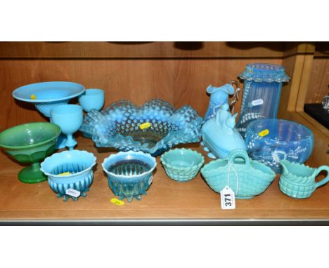 A COLLECTION OF SOWERBY STYLE GLASS ETC, to include a folded basket, a hobnail wash bowl and jug, two goblets with knopped st