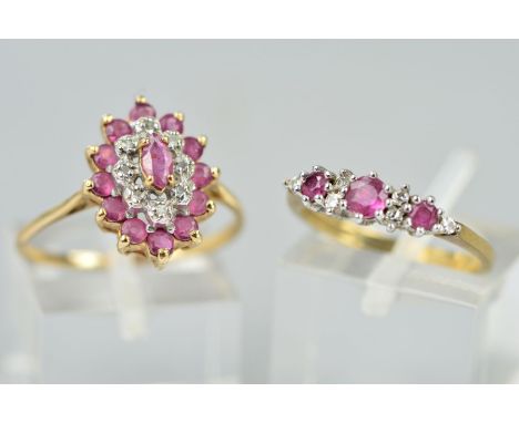 TWO 9CT GOLD RUBY AND DIAMOND DRESS RINGS, one marquise shaped cluster ring, ring size P1/2, together with a half hoop ruby a