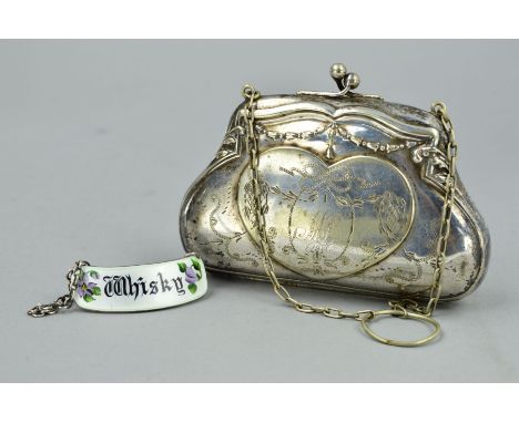 AN ELIZABETH II SILVER AND ENAMEL WHISKY DECANTER LABEL, maker Henry Clifford Davis, Birmingham 1961, together with an early 