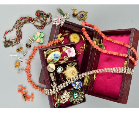 A SELECTION OF JEWELLERY, to include a sponge coral graduated bead necklace, a branch coral necklace, two pairs of tiger's ey