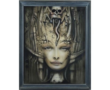 H.R.GIGER (SWISS 1940-2014), 'Li II' a print on fabric of an alien queen figure, signed dedication verso, framed and glazed, 