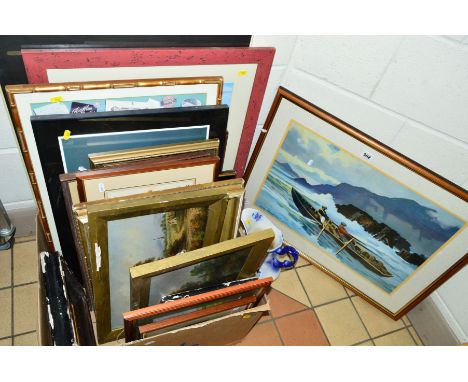 A QUANTITY OF PICTURES, PRINTS AND FRAMES, etc, to include a John Skelton print of fishermen rowing a boat, cigarette cards o