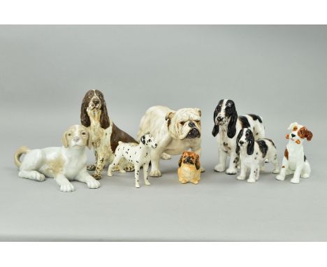 EIGHT VARIOUS DOG ORNAMENTS, to include Royal Doulton Bulldog HN1073 (tail broken), two Cocker Spaniels HN1078 and HN1109, Ch