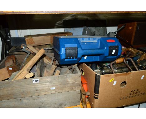 FOUR BOXES AND A TOOLBOX, of hand and power tools including wooden moulding planes, a Blackspur 4' angle grinder on stand, et