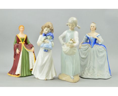 FOUR VARIOUS FIGURES, to include two Nao, girl holding cats and girl with doll, together with two Franklin Porcelain figures 