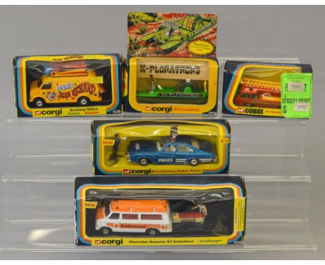 Five boxed Corgi Toys diecast models, 405 Chevrolet Ambulance, 416 Buick Century, 426 Jean Richard Booking Office, 703 Hi-Spe