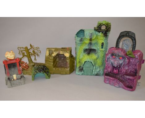 Mattel Masters of the Universe action figure play sets: Castle Grayskull; Snake Mountain; Slime Pit; Fright Zone. Playworn - 