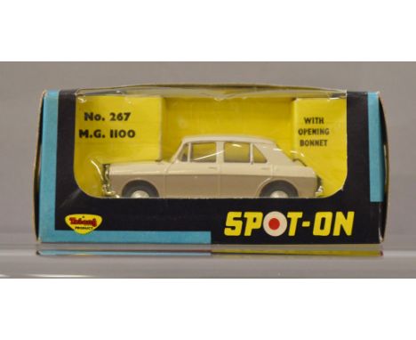 A boxed Tri-ang Spot On diecast model, 267 MG1100 in two-tone beige and fawn, VG in G+ window box with some crushing and spli