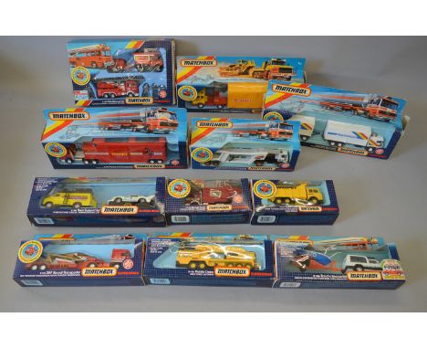 Eleven boxed Matchbox 'King Size' diecast models including K-138 Fire Recue Set and K-135 Mercedes Benz Garage Transporter. M