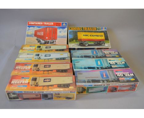 Nine boxed Trailer model kits by Italeri and Monogram in 1:24 and 1:32 scale, some still shrink wrapped, all unchecked for co